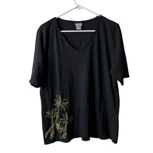 Chicos Black Sequin Palm Tree Tropical Short Sleeve Blouse 2